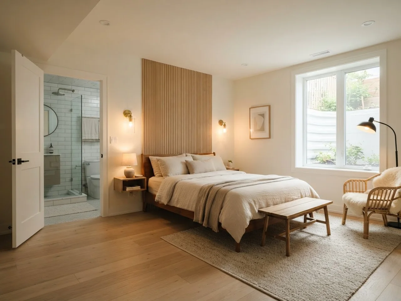 Finished basement guest suite with a bed, egress window and a small bathroom