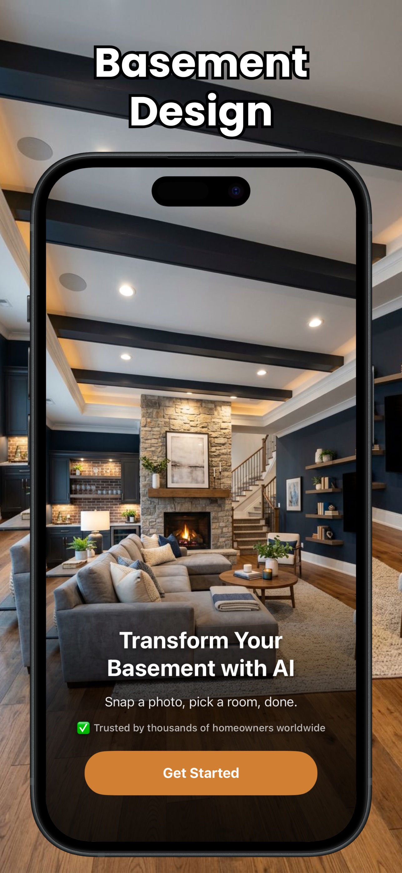 Basement Design app transforming a basement with AI